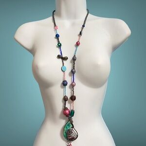 Long Boho Enamel Pendant With Colorful Glass Beads Artisan Made Long Necklace